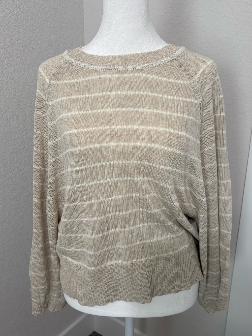 Summer Lightweight Beige Striped Women's Sweater - Casual Boatneck Pullover